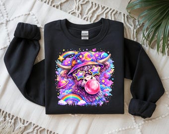 Rainbow Bubblegum Highland Cow, PNG, Galaxy Hat, Star-zonnebril (digitale download)