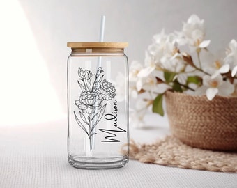 January Birth Month Flower Iced Coffee Cup - 16oz, Iced Coffee Glass, Personalized with Name