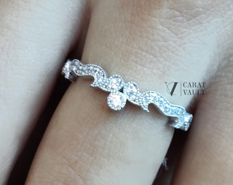 Art Deco Moissanite Wedding Band Women, Sterling Silver Milgrain Anniversary Gift For Her