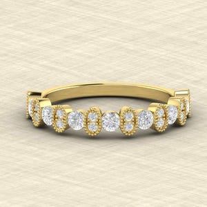Round Cut Moissanite Wedding Band, Milgrain Anniversary Band, Stackable Ring, Minimalist Half Eternity Stacking Ring, Art Deco Band Women