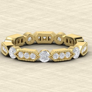 14K Solid Yellow Gold Ring / Round Moissanite Wedding Band / Miligrain Stacking Band / Full Eternity Band for Women / Matching Wedding Band