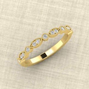 Round Cut Moissanite Wedding Band, Stackable Ring, Minimalist Half Eternity Stacking Ring, Milgrain Anniversary Band,  Art Deco Band Women