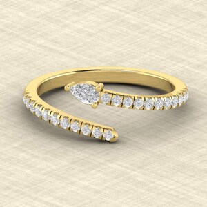 Round Moissanite Open Cuff Ring / 14k Sold Gold Stacking Ring / Pear Cut Open Cross Ring / Open Cuff Gold Ring / Minimalist Ring, Gift Her