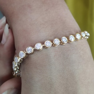 Round Moissanite Tennis Bracelet, Bezel Set Round Diamond Alternative Bracelet, Dainty Silver Tennis Jewelry Women, Anniversary Gift for Her