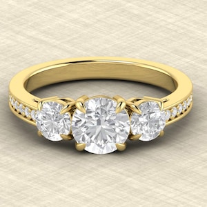 Three Stone Round Moissanite Engagement Ring / 3 Stone Gold Wedding Ring / 14K Yellow Gold Women Ring / Past Present Future Ring / Gift Her