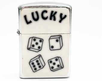 LUCKY GAMBLING LIGHTER - Working 1960s Gambling Dice Flip Top Rare Vintage Old Antique Lighter