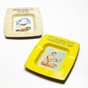 1950s PINUP ASHTRAY PAIR - Rare Vintage Old Antique Pretty Girl Advertising Metal Ash Trays