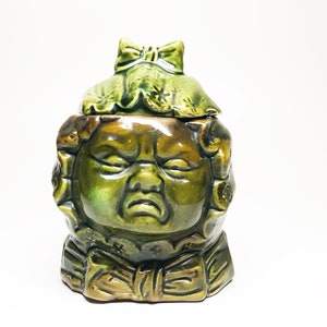 EARLY 1900s HUMIDOR - Vintage Rare Antique Old Two-Face Crying / Happy Baby Green Tobacco Jar