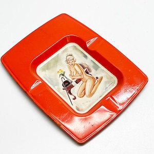 1950s PINUP ASHTRAY - Rare Vintage Old Antique Pretty Girl Advertising Metal Ash Tray