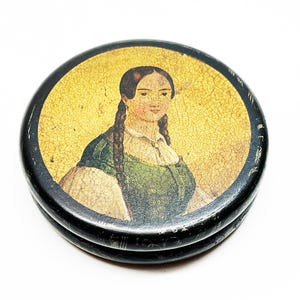 Victorian Hand Painted Paper Mache Snuff Box - Rare Old Antique 19th Century Tobacco Snuff Box