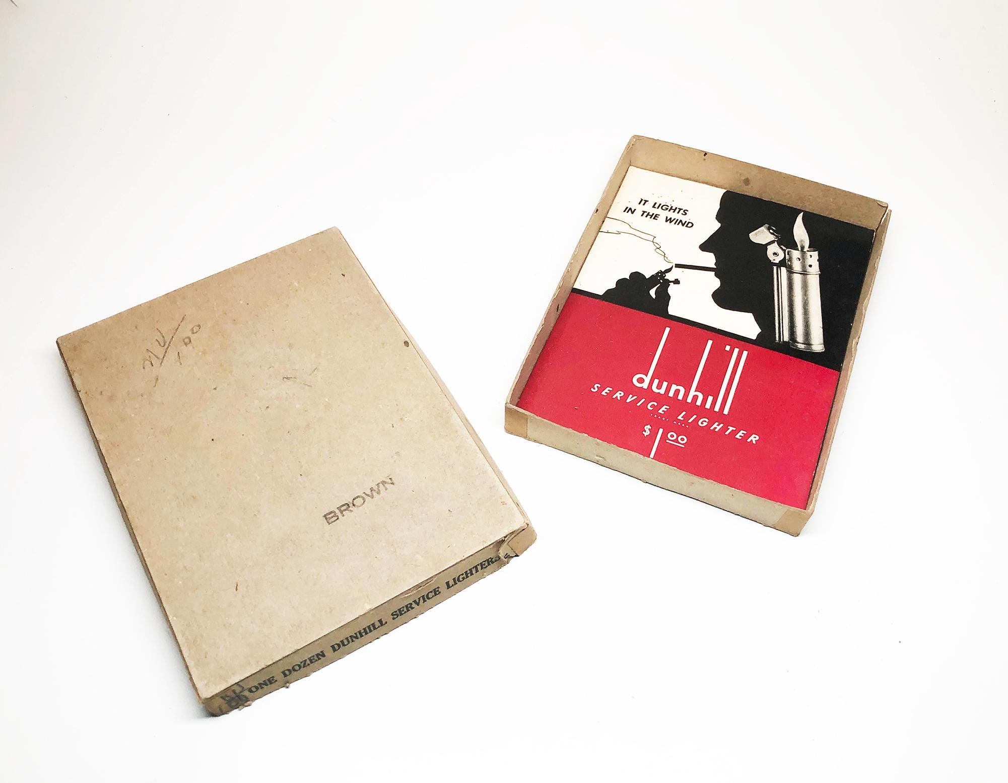 1940s DUNHILL STORE DISPLAY - Antique Old Dunhill Service Lighter Cardboard Tabletop Advertising Box and Display Sign