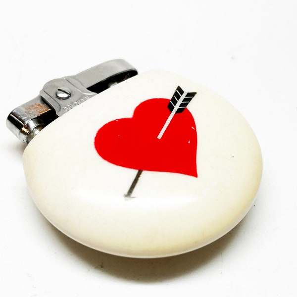 1950s Japan Made Heart Themed Lighter  - Working Antique Rare Old Vintage Rondette Style Round Lighter