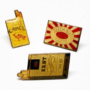 1950s CIGARETTE PIN LOT -  Vintage Old Antique Rare Mid-Century Kent Camel Beechnut Tobacco Small Pinback Pins Enamel Tobacciana Buttons