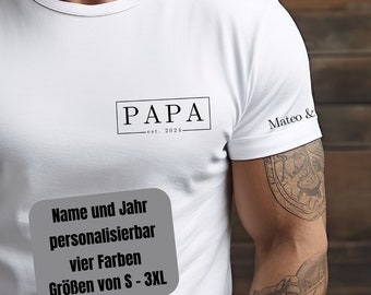 Papa T Shirt personalisiert, Kindernamen auf linkem Ärmel, Geschenk Vatertag, Geschenk für werdenden Vater, Papa Shirt mit Namen,