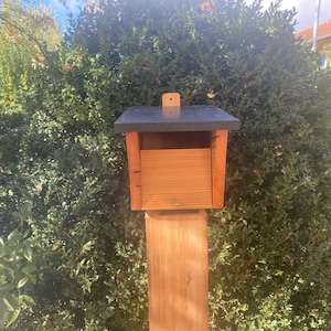 Könnte beinhalten: Ein Vogelhaus aus Holz mit einem dunkelgrauen Dach und einer natürlichen Holzoberfläche. Das Vogelhaus ist auf einem Holzpfosten montiert und vor grünem Laub platziert. Oben befindet sich ein kleiner Holzstift.