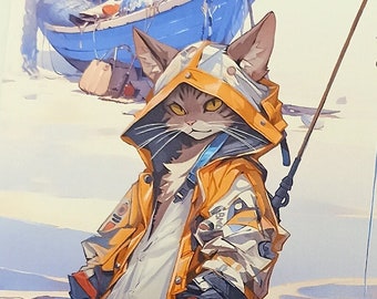 Postcard, DL format 10 x 21 cm with illustration of fishing cat, Skipper