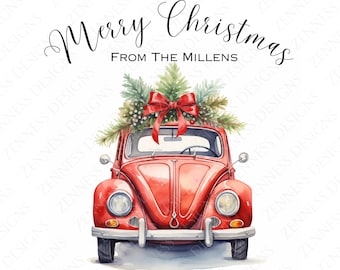 Personalised Merry Christmas Vintage VW Beetle Car Greeting Card, High quality PNG for Printing, Instant Download, 5”x 5”, Customised Gift