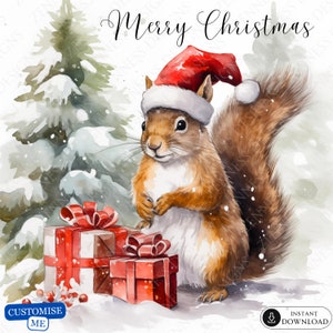 Personalised Merry Christmas Squirrel in Santa Hat, Holiday Greeting Card, PNG for Printing, Instant Download, 5”x 5”, Customised Gift