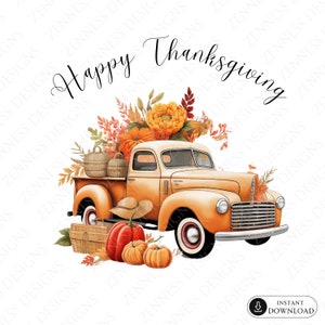 Carte de voeux Happy Thanksgiving, téléchargement numérique instantané, imprimable, camion automne avec citrouilles et fleurs, 5 x 5 po, JPG