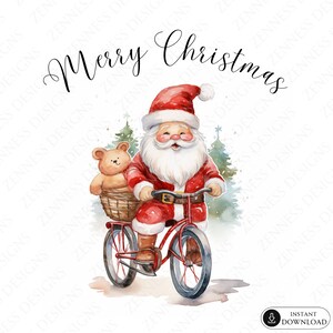 Carte de voeux personnalisée Joyeux Noël père Noël sur un vélo, PNG pour impression, téléchargement immédiat, 5 x 5 po, cadeau personnalisé, modèle