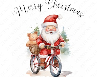 Biglietto d'auguri personalizzato per Buon Natale Babbo Natale in bicicletta, PNG per la stampa, Download istantaneo, 5"x 5", Regalo personalizzato, Modello