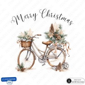 Joyeux Noël personnalisé vélo avec fleurs, carte de voeux de vacances, PNG pour impression, téléchargement immédiat, 5 x 5 po, cadeau personnalisé