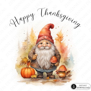 Carte de voeux joyeux Thanksgiving gnome, téléchargement numérique instantané, imprimable, nain d'automne avec citrouille et fleurs, 5 x 5 po, JPG