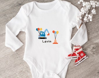 Long-sleeved baby romper personalized with construction site motif / romper excavator and name / personalized baby bodysuit / romper suit