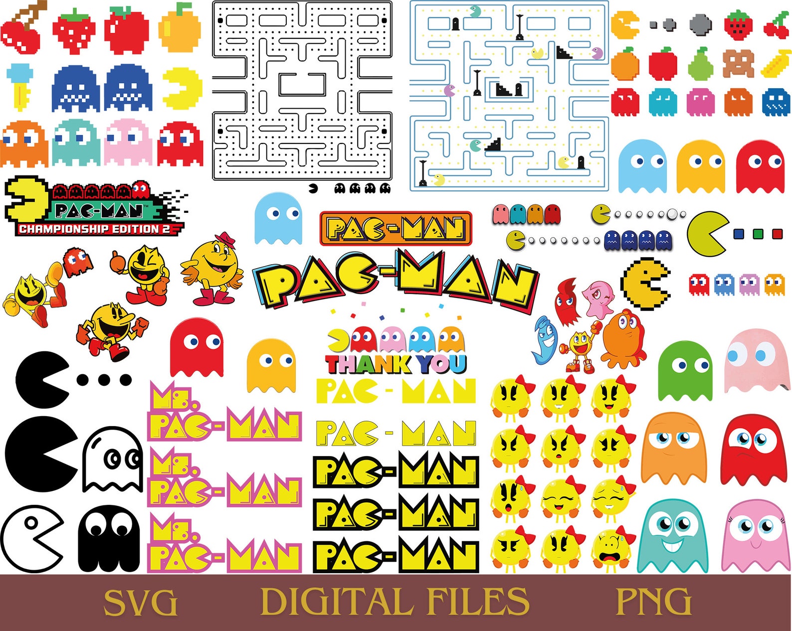 Pac Man Svg,png,pdf Bundle, Pacman Cliaprt, Pacman Ghost Vector, Pacman