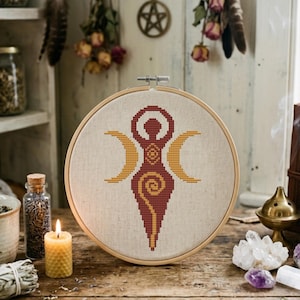 Patrón de punto de cruz de la Diosa Espiral Wicca, descarga instantánea en PDF, patrón de punto de cruz de bruja, gráfico de punto de cruz pagano, Diosa Triple