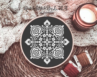 Monochrome Mandala Cross Stitch Pattern Instant Download PDF, Aesthetic Room Décor, One Color X-stitch, Black Aida Pattern