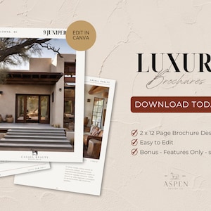 May include: Two 12-page brochure designs for luxury real estate, featuring a modern home with a stone exterior and a wooden door. The brochures are easy to edit and include a bonus features sheet. Download today!