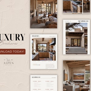 Può includere: Un set di brochure che mostrano una casa di lusso con un design moderno. Le brochure presentano immagini della cucina, del soggiorno e dell'esterno della casa. Il testo sulle brochure include l'indirizzo "9 Juniper Lane" e la frase "Brochure di lusso Scarica oggi! Aspen Design Co."