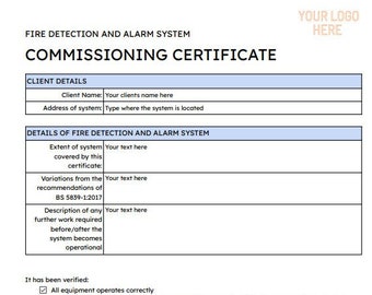 BS5839-1:2017 Fire Alarm Commissioning Certificate Template