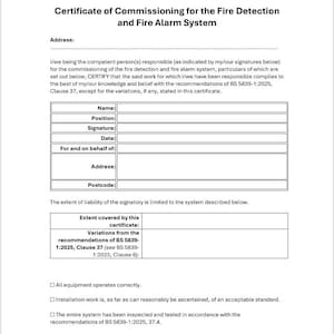 Op de afbeelding: Een wit document getiteld "Certificaat van Ingebruikname voor het Branddetectie- en Brandalarmsysteem". Het document bevat velden voor naam, functie, handtekening en datum, evenals een sectie voor variaties.