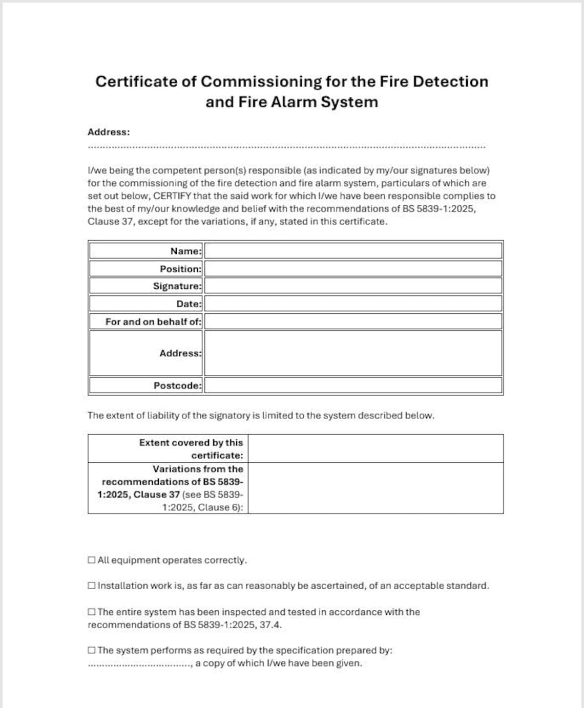 BS5839-1:2025 Fire Alarm Commissioning Certificate Template - Etsy UK