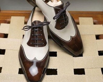 Buy New Men's Fashion Brown & White Handcrafted Oxford Wingtip Style Leather shoe