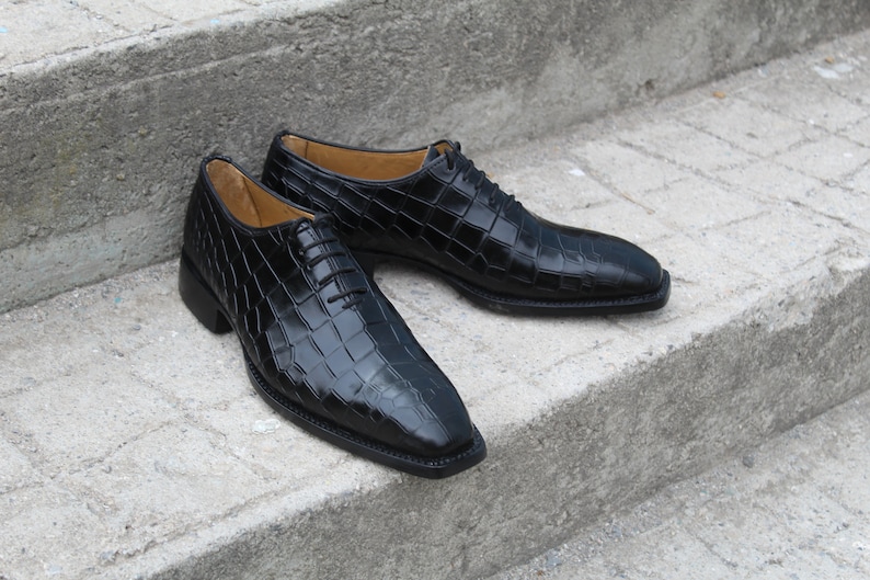 Image showcasing Buy New Bespoke Black Crocodile Shoe Men's Fashion Lace up Formal Dress ...