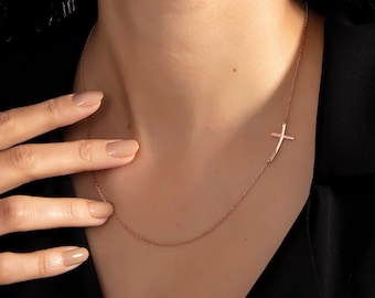 18K Gold Sideways Cross Necklace, Silver Curved Side Crucifix Necklace, Gifts For Mothers, Cross Necklaces For Women, Gifts For Mother's Day