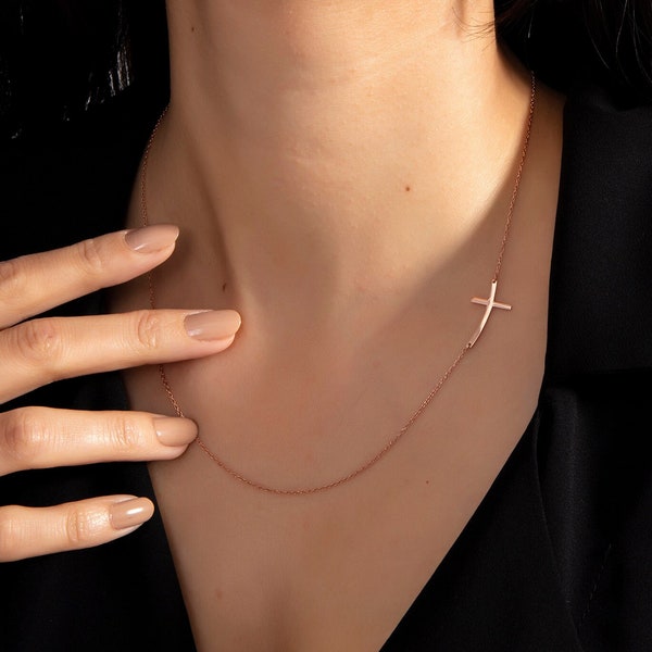 18K Gold Sideways Cross Necklace, Silver Curved Side Crucifix Necklace, Gifts For Mothers, Cross Necklaces For Women, Gifts For Mother's Day