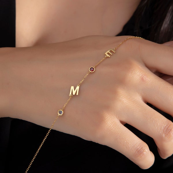 14K Gold Initial Bracelet With Birthstone, Silver Letter Birthstone Bracelet For Women, Personalized Gift For Mother, Gifts For Mother's Day