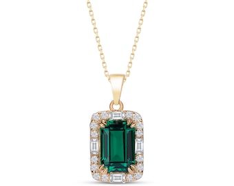 14K Gold Emerald Necklace: CZ Diamond Baguette Pendant, May Birthstone