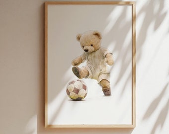Vintage teddy bear Soccer digital print, Vintage nursery boys room decor, kids play room wall art, Aesthetic Whimsical nursery art