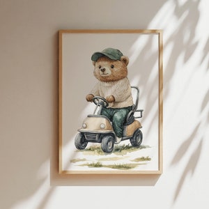 グリーンのヴィンテージ ゴルフ カート テディベア デジタル プリント、ヴィンテージの保育園の男の子の部屋の装飾、子供の遊び部屋の壁アート、美的で気まぐれな保育園のアート