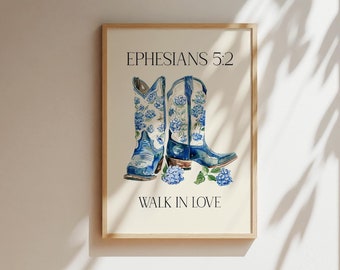 Blue Cowgirl Boots Art Print: Chinoiserie Floral, Christian Verse (Digital Download)
