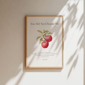 May include: A framed print with a white background and a watercolor illustration of two red apples on a branch. The text "You Did Not Choose Me" is at the top of the print. Below the illustration is a quote from John 15:16: "But I chose you and appointed you that you should go and bear fruit and that your fruit should abide, so that whatever you ask the Father in my name he may give it to you."