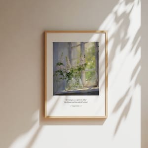 Arte de pared de las Escrituras vintage, 2 Timoteo 1:7 Decoración de las Escrituras del jarrón floral, grabados de versículos bíblicos, decoración moderna del hogar cristiano, pintura cristiana