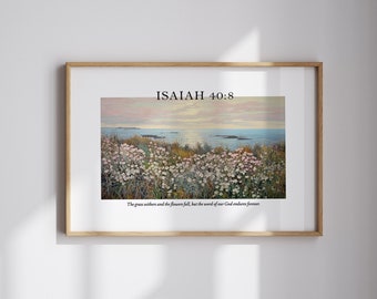Izajasz 40:8 – Kwiat w stylu vintage do druku, Malowidło z dzikimi kwiatami, Wydruki z wersetami biblijnymi, Dekoracja do domu w stylu vintage dla chrześcijan, Nowoczesny plakat z wiarą chrześcijańską