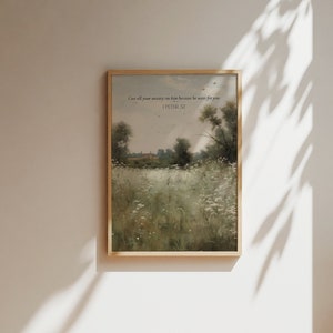 1 Pedro 5:7 Lance toda a sua ansiedade Vintage Floral Selvagem Paisagem Imprimível Moderno Versículo Bíblico Impressão Cristã Decoração de Casa Presente de Fé