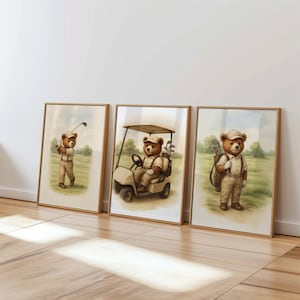 ヴィンテージ テディベア ゴルフ ウォールアート 3 点セット、デジタルダウンロード、ゴルフカート、ゴルフをするクマ、ゴルフバッグのクマ、スポーツ保育アート、男の子の部屋の装飾